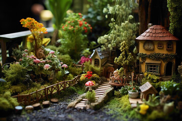 A miniature garden with tiny flowers, gnomes, and butterflies, creating a serene and enchanting scene in a small-scale setting.