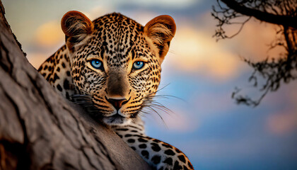 Leopardo descansando sobre un tronco visto de frente - obrazy, fototapety, plakaty