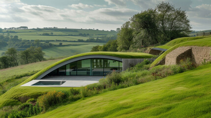 Fototapeta premium Designed to disappear into the rolling hills this underground home offers both privacy and stunning views of the surrounding countryside.