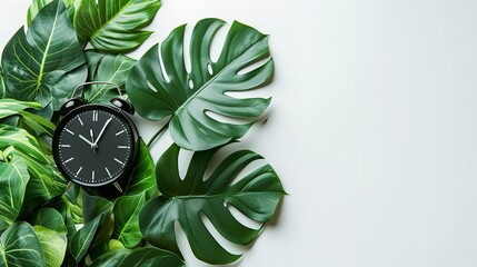 A huge leaf of foliage over a white setting, accompanied by a black clock and space, Generative AI. - obrazy, fototapety, plakaty