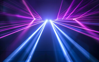 Fototapeta na wymiar Blue and violet beams of bright laser light shining on black background