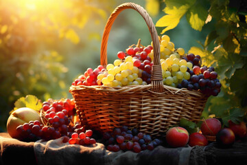 A picnic basket filled with assorted fruits, the warm sunlight casting natural highlights on the textures of the fruits and the woven basket.