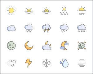 Set of weather and weather cast Icons line style. Contains such Icons as sunny, partly sunny, raining, snowing, cloudy, rainbow, weather forecast, rain And Other Elements.