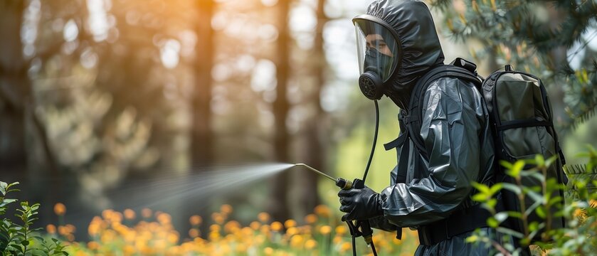 A man in black protective suits spraying trees in woods with a big empty space for text, Generative AI.