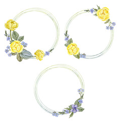 watercolor drawing frames with spring flowers, round floral templates, wreathes with globeflowers, speedwell and violets , hand drawn illustration