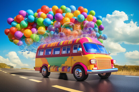 A toy bus cruising on a rainbow-colored highway, surrounded by floating balloons.