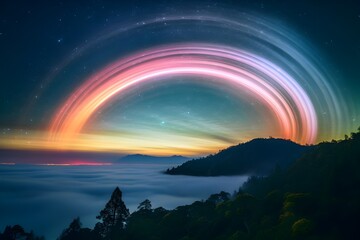 Fototapeta na wymiar Moonbow stretching across the night sky, a celestial arc of vibrant colors. 