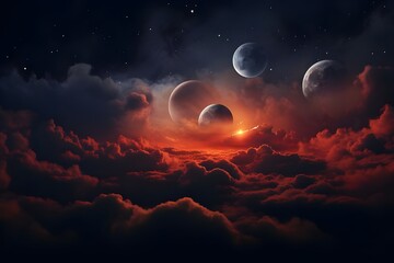 Lunar eclipse sequence captured against a backdrop of swirling clouds and constellations.
