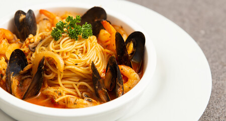 Seafood pasta in a bowl