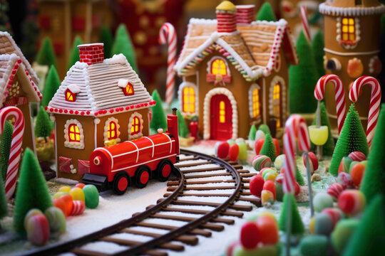A toy train chugging along tracks made of candy canes, passing through a gingerbread village.