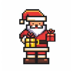 Simple 8 bit monochrome icon of a Santa holding a present in a plain white background.