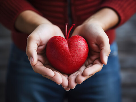 People holding a red heart in hands with copy space