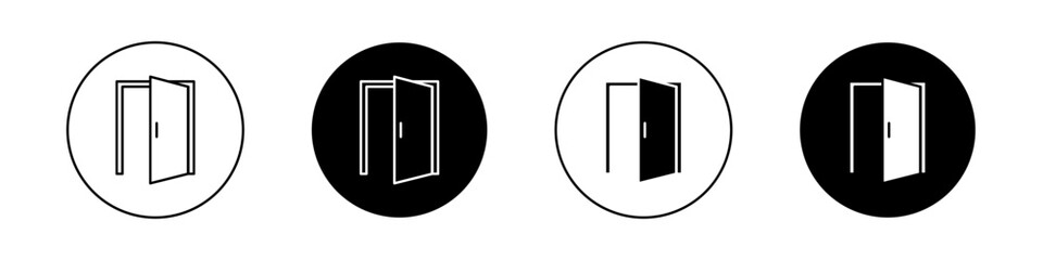 Open Door Icon Set. House Entrance and exit double door vector symbol in a black filled and outlined style. Building Gateway and lock door Sign.