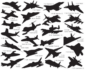 All American 25 jet fighter black vector silhouette illustration set. - obrazy, fototapety, plakaty