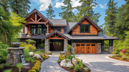 Fototapeta na wymiar Enjoy a quiet retreat in this Craftsmanstyle home defined by its exquisite woodworking natural stone elements and a deep appreciation for simplicity and quality.
