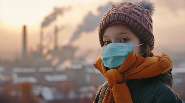 A tiny kid with a face mask on while industrial fumes in setting are spewing pollutants and space, Generative AI.
