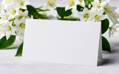 Wedding, birthday mockup paper card. Blank paper greeting card, invitation. Decorative floral composition. Closeup of white flowers and green leaves. copy space