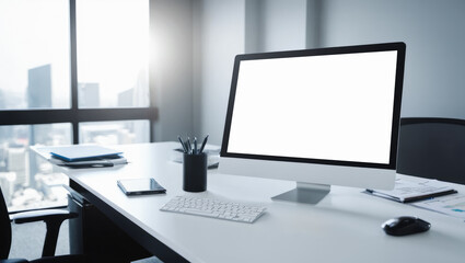 Workspace with Blank white Computer Screen. Desktop Computer Monitor with Mockup Screen Display Standing on Desk in Modern Business Office.