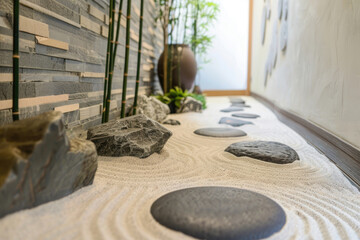 Retreat-like ambiance with Zen stones and sand, inviting serenity