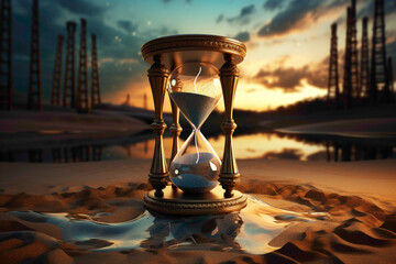 An artistic hourglass with golden sand, placed on an ornate table, emphasizing the beauty of time - obrazy, fototapety, plakaty