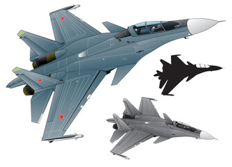Twin engine jet fighter Mikoyan MiG-29, dark gray image illustration (monotone, black silhouette set) - obrazy, fototapety, plakaty