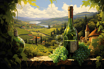 An elegant scene featuring a vine bottle amidst vineyard scenery, with vibrant green vines in the...