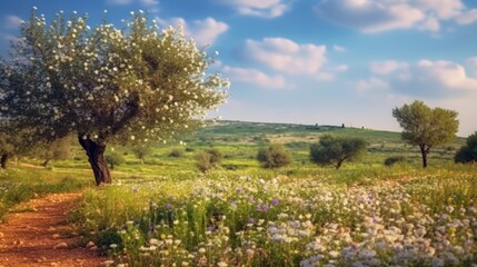 tree in blooming flowers meadows