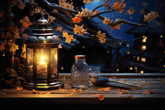 An enchanting mockup of a dainty birdhouse, a quaint lantern, a small jar of fireflies, and a delicate key resting on a quaint table.
