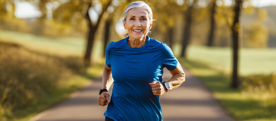 Senior woman proves age is just number as she jogs energetically through scenic park. Sunlight filters through trees highlighting her athletic form, epitomizing active, healthy lifestyle in older age