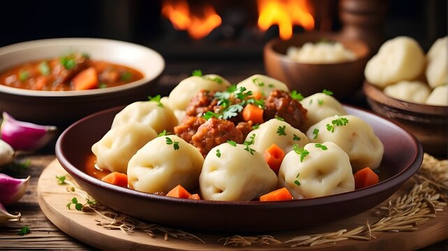 potatoes with meat and vegetables, A mouth-watering close-up of homemade traditional Polish potato dumplings, kopytka, served on a rustic wooden plate, surrounded by a rich and hearty meat stew. 