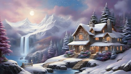 charming cave, snow-covered decorated Christmas trees, waterfal, warm inviting cabin, ultra sharp digital oil painting, snowflakes, mountains with waterfall, soft light far-away full moon, glitter, st