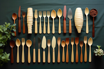 Everyday disposable cutlery set neatly arranged on a kitchen table - obrazy, fototapety, plakaty