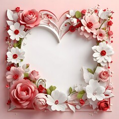 Beautiful floral frame in the form of heart on a pink background. AI Generated 