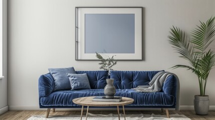 Home interior mock-up with blue sofa, decoration in living room, 3d rendering. Generative Ai
