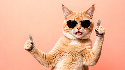 Adorable striped cat in sunglasses playfully sticks out its tongue and raises both paws as if...