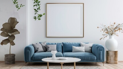 Home interior mock-up with blue sofa, decoration in living room, 3d rendering. Generative Ai