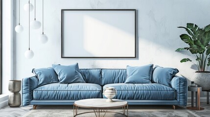 Home interior mock-up with blue sofa, decoration in living room, 3d rendering. Generative Ai