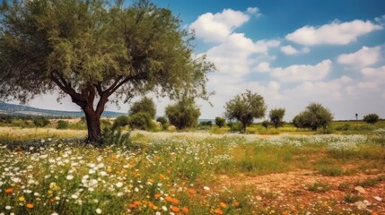 Naklejka premium tree in blooming flowers meadows