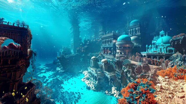 an ancient city under sea water. Seamless looping time-lapse virtual 4k video animation background