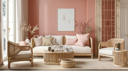 Home interior mockup, living room in pastel colors with wooden furniture.