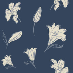 White floral on indigo background vintage style hand drawn seamless pattern 
