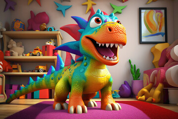 Playful 3D-rendered dinosaur toy in a vibrant and colorful playroom setting, sparking the imagination of young children