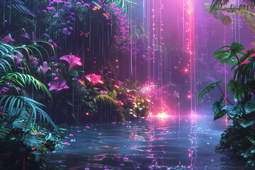 A surreal landscape where digital rain falls in neon colors nourishing holographic plant life