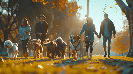  A group of friends taking their dogs for a walk in the park, enjoying each other's company on National Pet Day