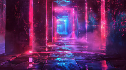 Abstract design in digital painting featuring a holographic display that merges glitch art with neon aesthetics