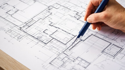 Home Remodeling Blueprint Review. Professional reviewing and making changes to detailed architectural plan for home remodeling, focusing on layout adjustments and design improvements