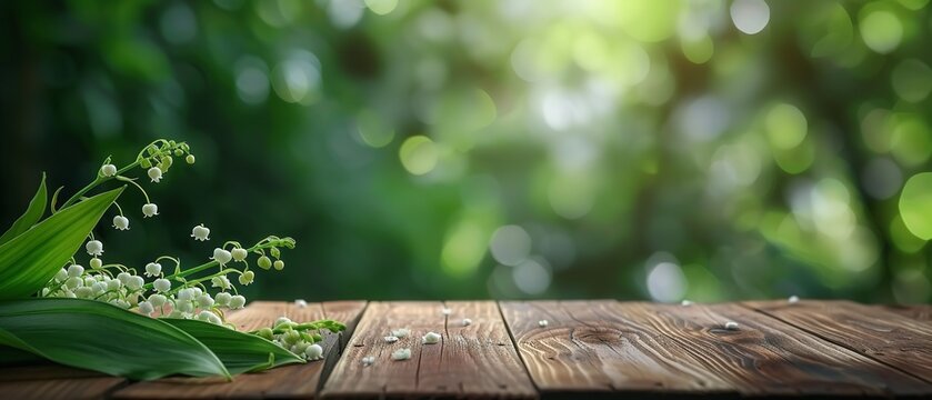 An empty wooden table with fresh lily of the valley with blurry nature backdrop and empty space, Generative AI