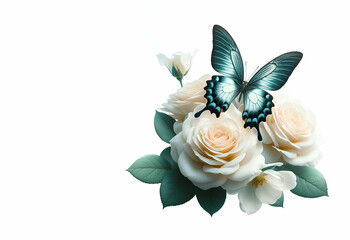 There is a butterfly that is sitting on a white roses  in white background generative ai