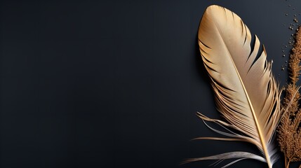 An exquisite gold feather adorning over a black setting and big barren space, Generative AI.