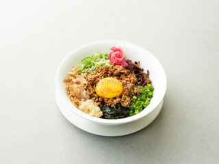 Grilled pork with scallion and egg rice bowl